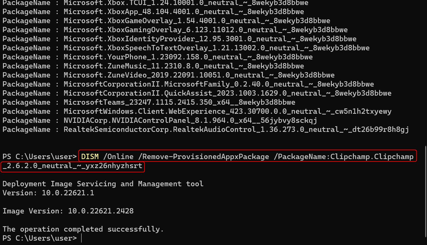 DISM command and an app's package name typed in PowerShell.