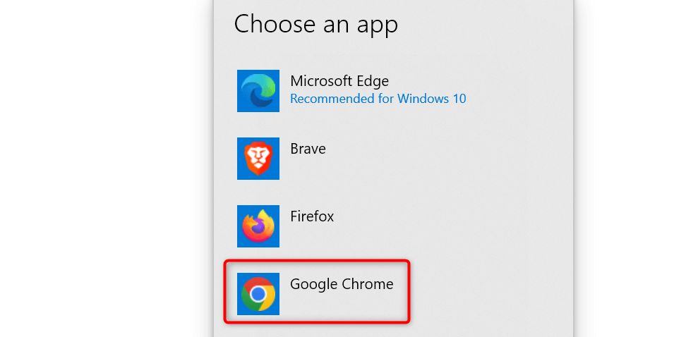 "Google Chrome" highlighted in the "Choose an app" menu.