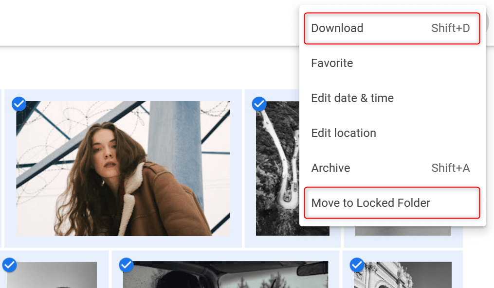 "Download" and "Move to Locked Folder" highlighted on Google Photos.