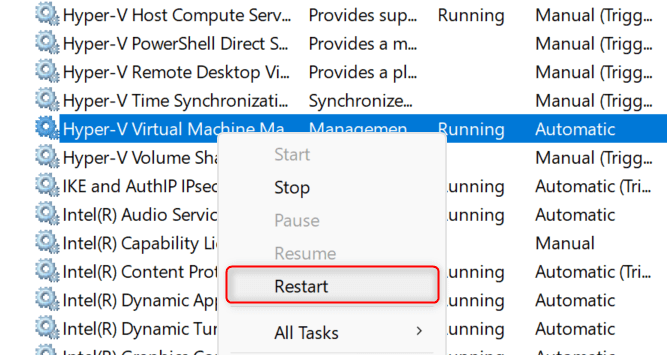 "Restart" highlighted for "Hyper-V Virtual Machine Management."