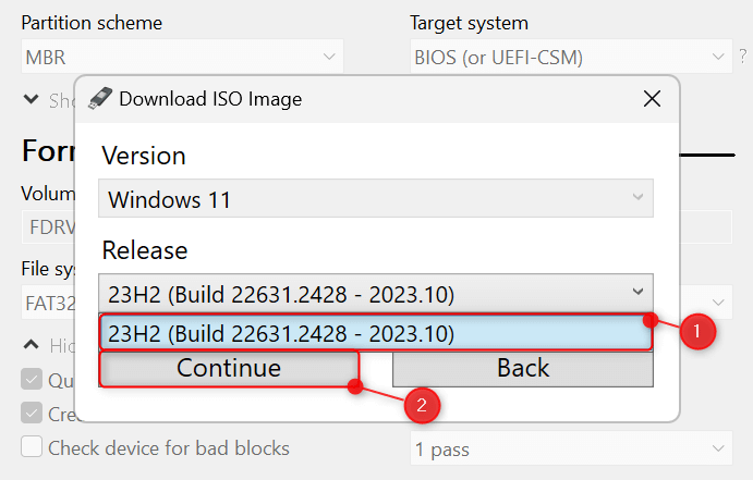 "Release" and "Continue" highlighted in Rufus.