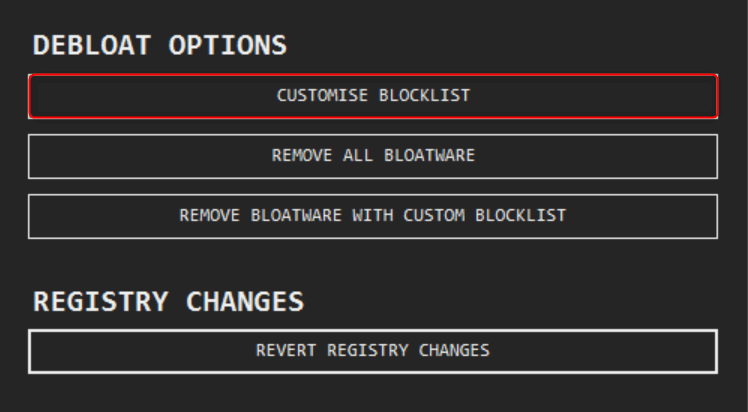"Customise Blocklist" highlighted in the debloater tool.