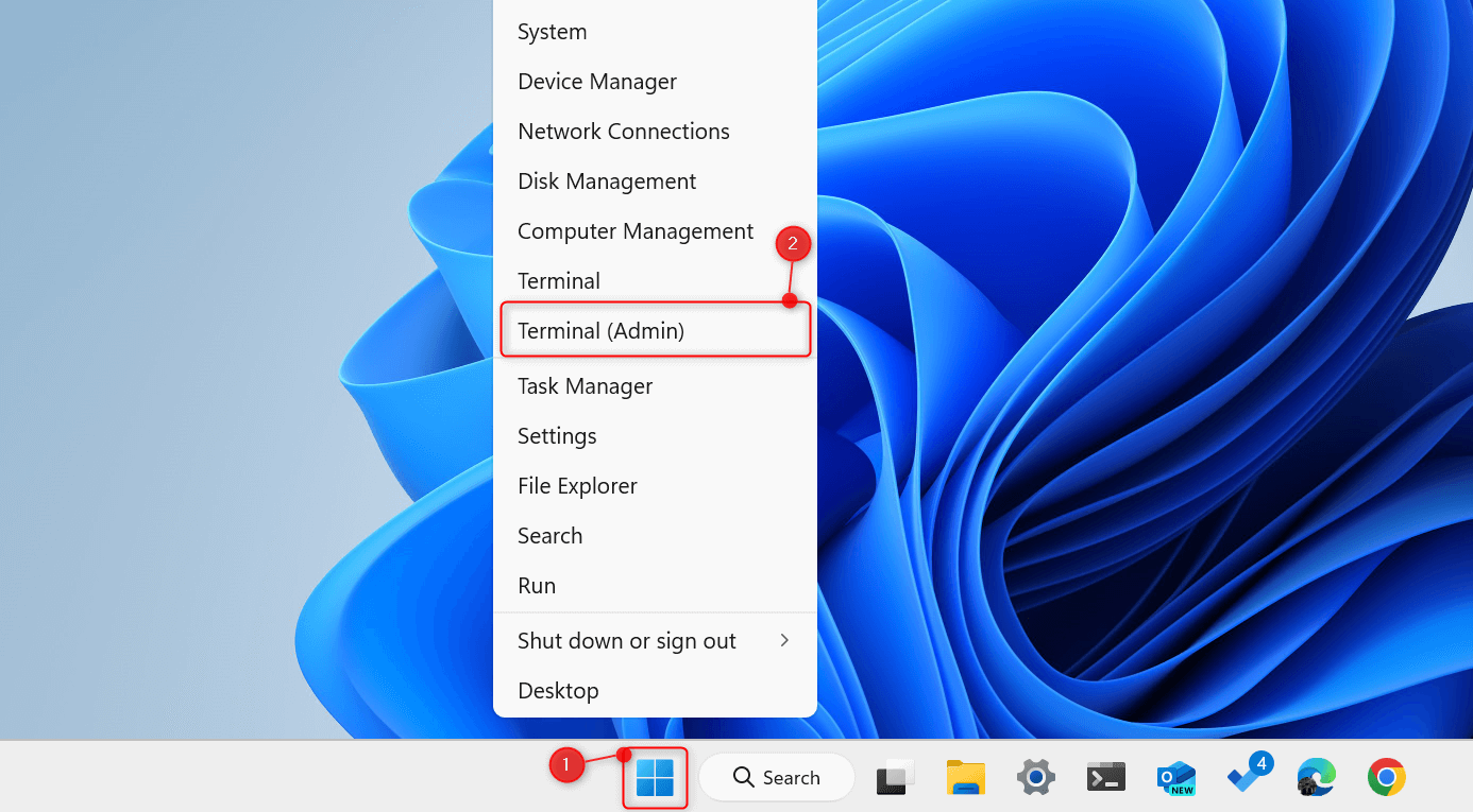 Start menu icon and "Terminal (Admin)" highlighted in Power User Menu.