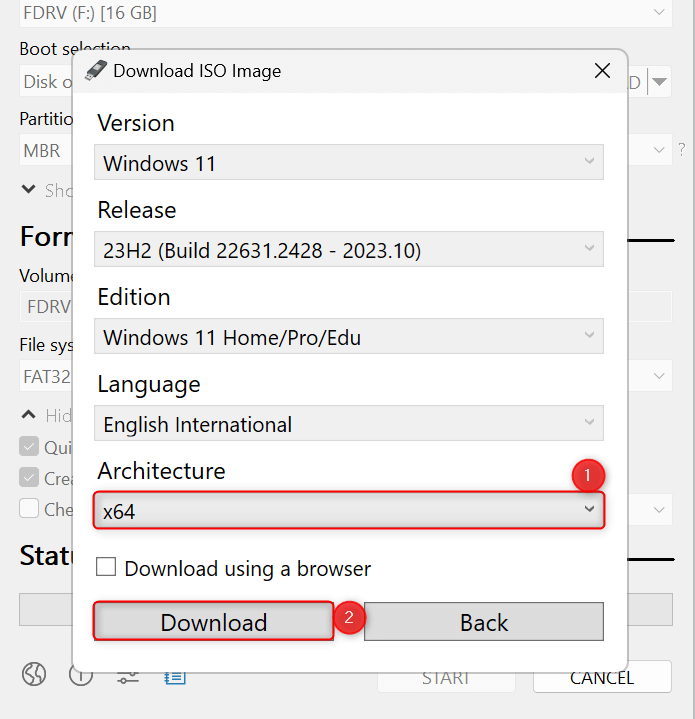 "Architecture" and "Download" highlighted in Rufus.