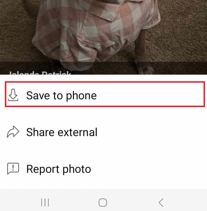 "Save to phone" highlighted for an image in Facebook for Android.