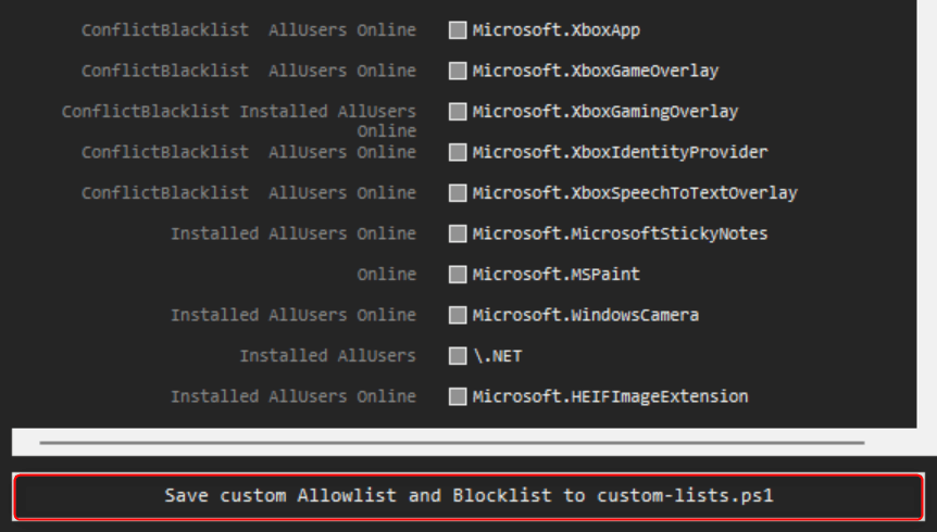 "Save custom Allowlist and Blocklist to custom-lists.ps1" highlighted in the debloater tool.