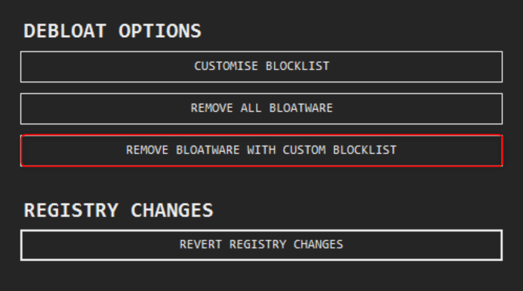 "Remove Bloatware with Custom Blocklist" highlighted in the debloater tool.