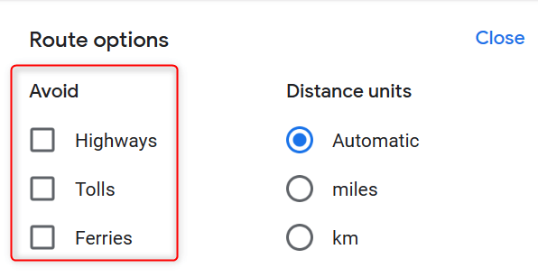 "Route options" on Google Maps.
