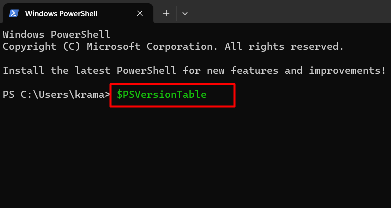 "$PSVersionTable" command typed in PowerShell.