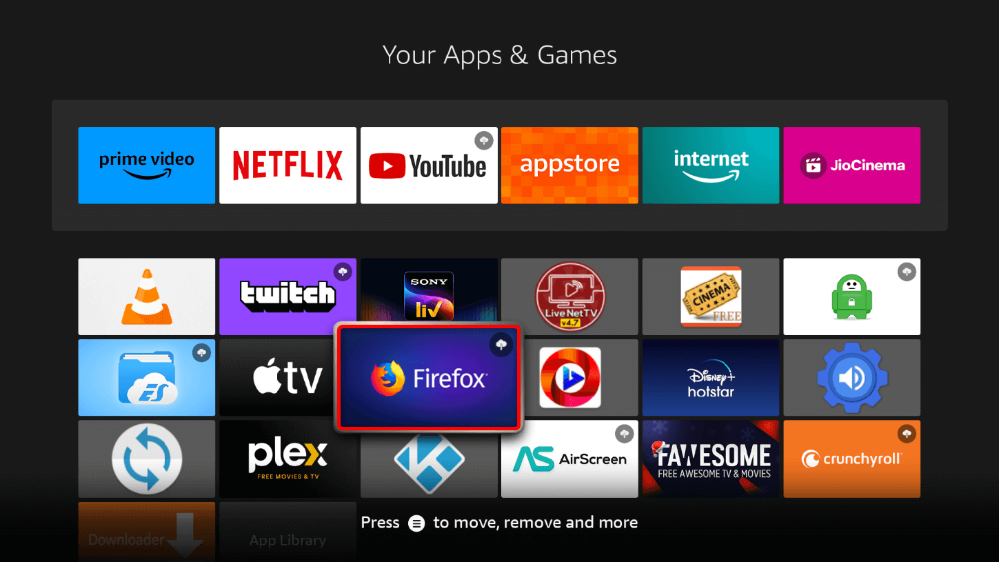 Firefox highlighted in apps library on Fire TV Stick.
