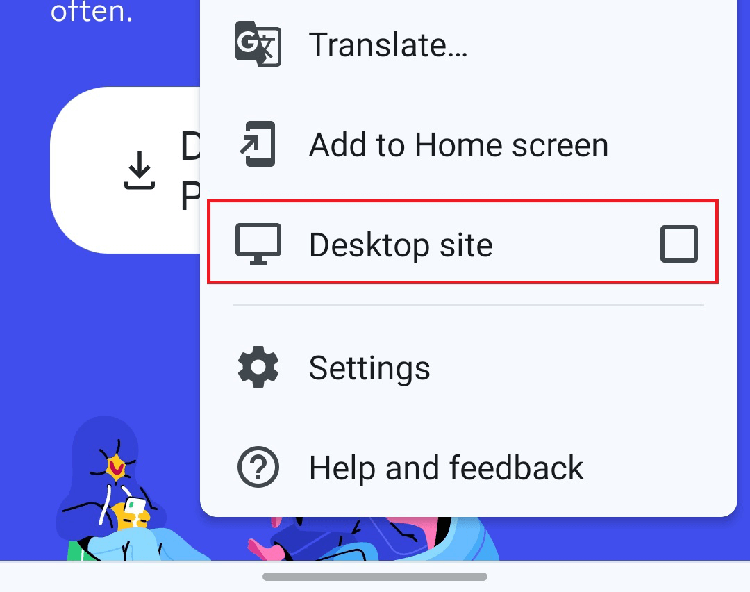 "Desktop site" highlighted in Chrome for Android's menu.