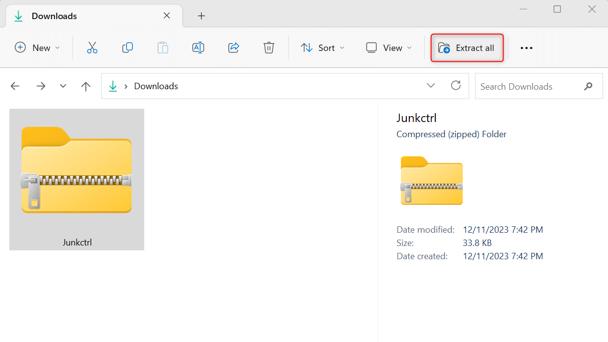 "Extract all" highlighted in File Explorer.