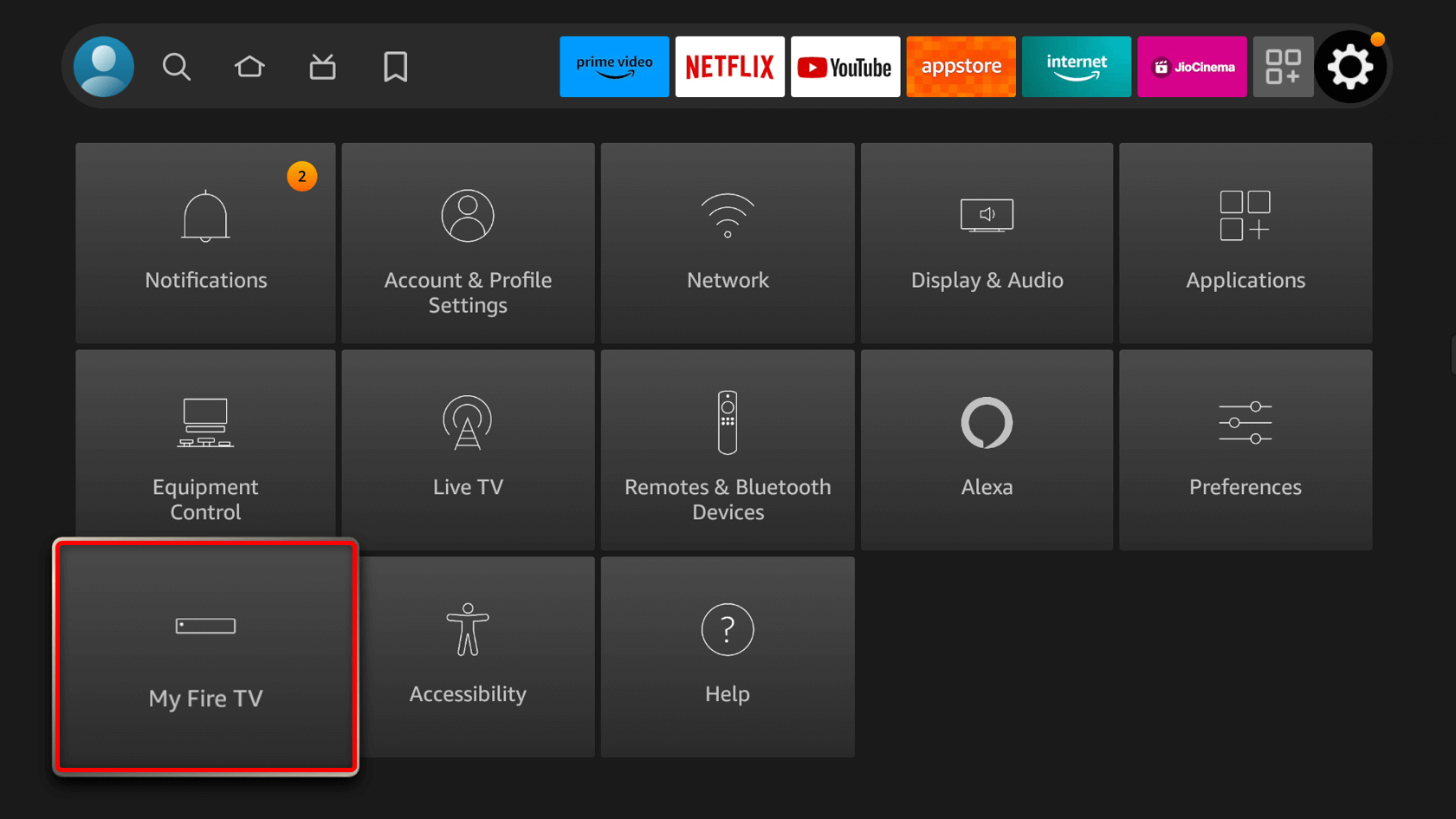 "My Fire TV" highlighted in Fire TV Settings.