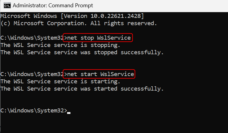 net stop and start commands in Command Prompt.