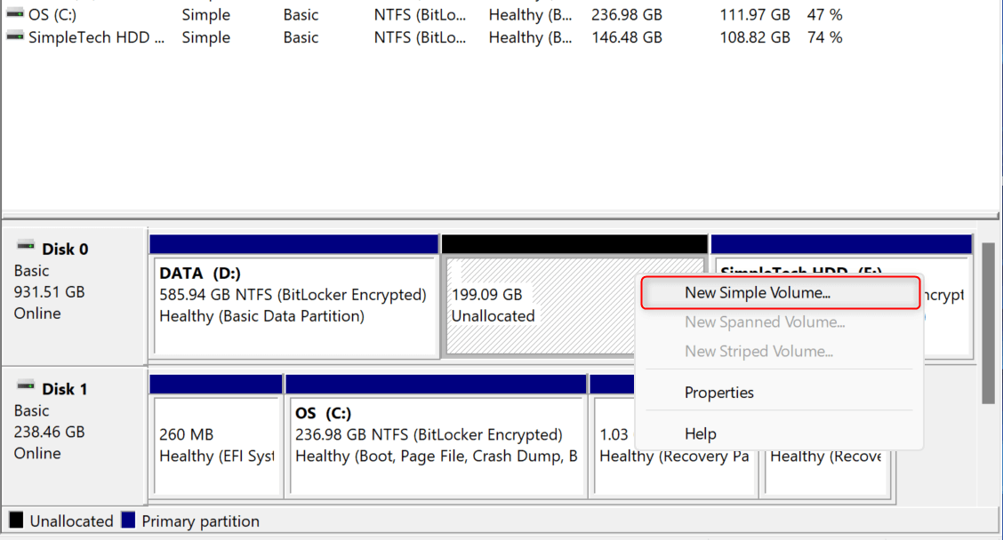 "New Simple Volume" highlighted in Disk Management.