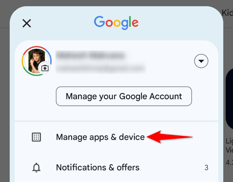 "Manage apps & device" highlighted in Play Store menu.