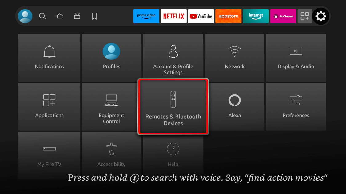 "Remotes & Bluetooth Devices" highlighted in Fire TV Stick Settings.