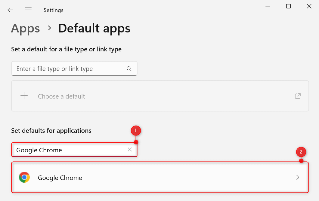 "Google Chrome" highlighted on the "Default apps" screen in Windows 11 Settings.