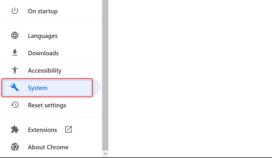 "System" highlighted in Chrome Settings.