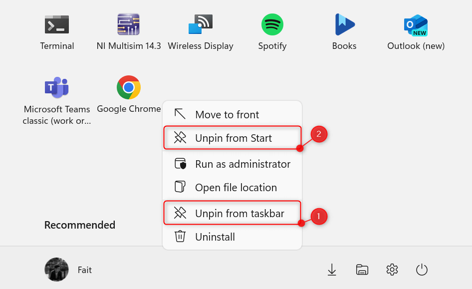 Google Chrome's context menu in Start menu on Windows.