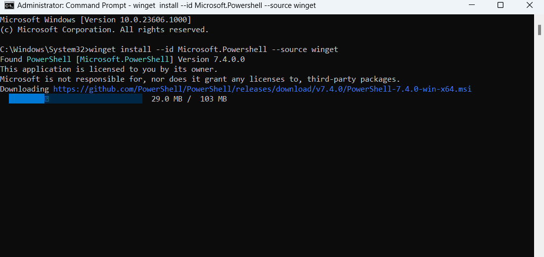 "winget" command to update PowerShell from Command Prompt.