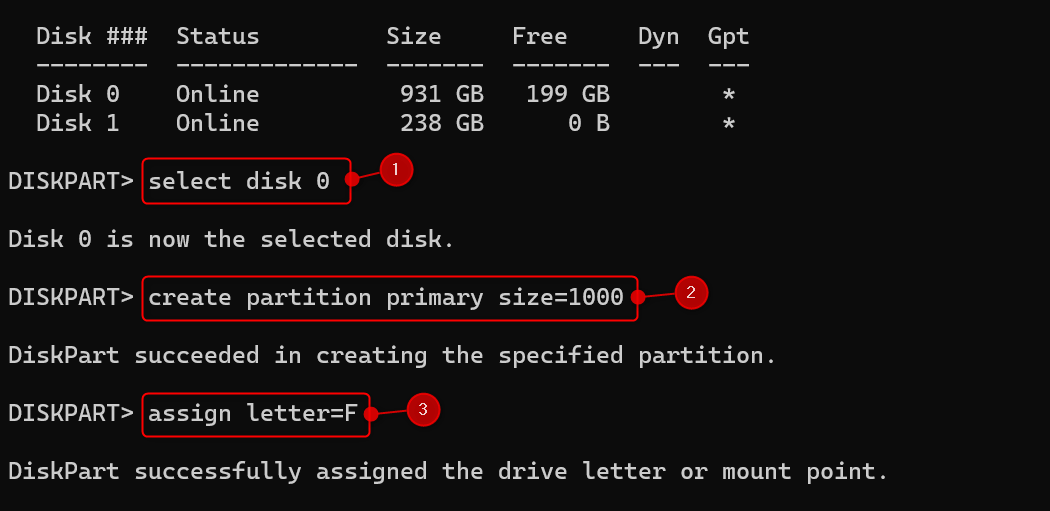 Select disk, create partition, and assign drive letter in Terminal.