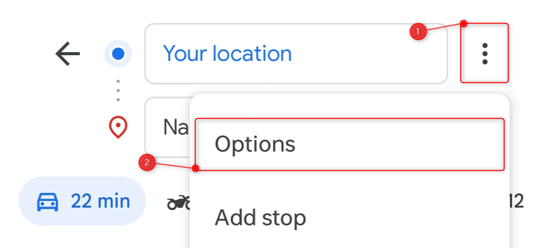 Three-dot menu and "Options" highlighted in Google Maps.
