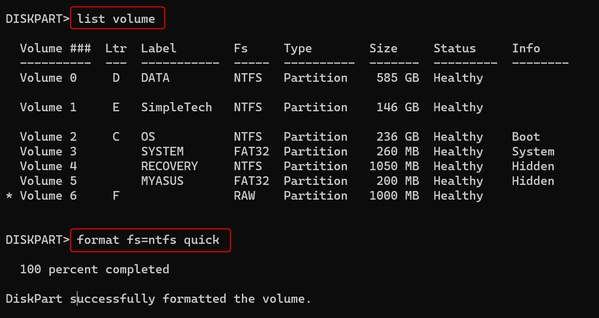 "format fs=ntfs quick" command in Terminal.