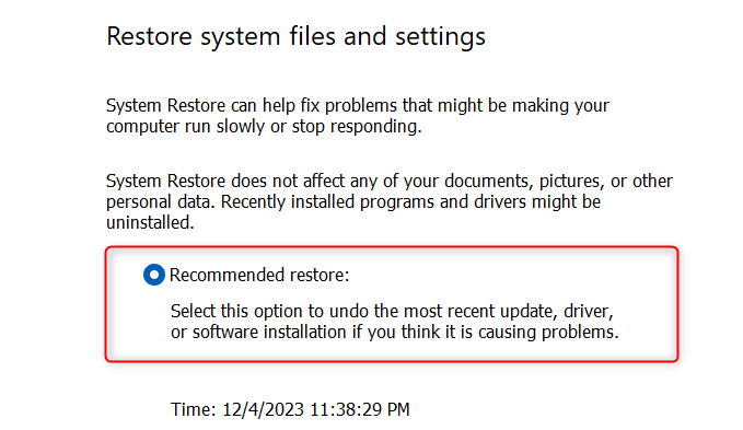 "Recommended restore" highlighted in System Restore.