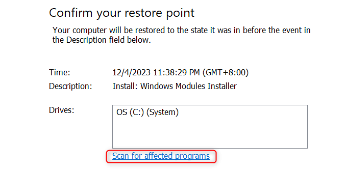 "Scan for affected programs" highlighted in System Restore.