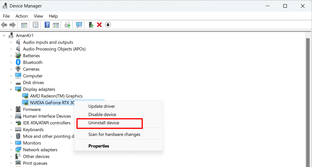 "Uninstall device" highlighted for a display adapter in Device Manager.