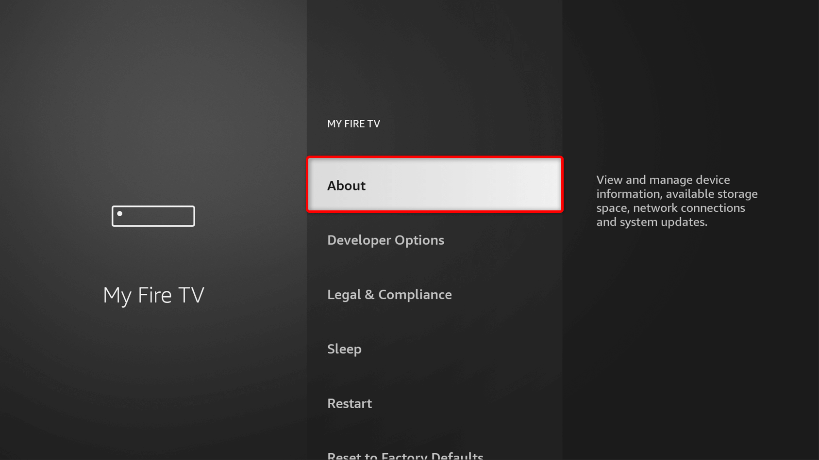 "About" highlighted in Fire TV Settings.