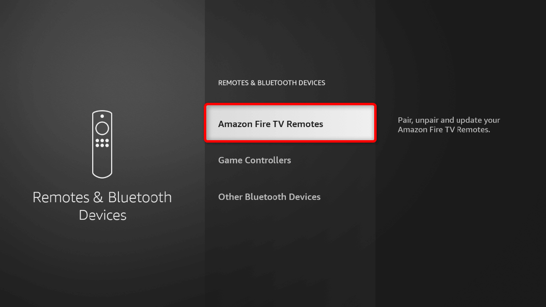 "Amazon Fire TV Remotes" highlighted in Fire TV Stick Settings.