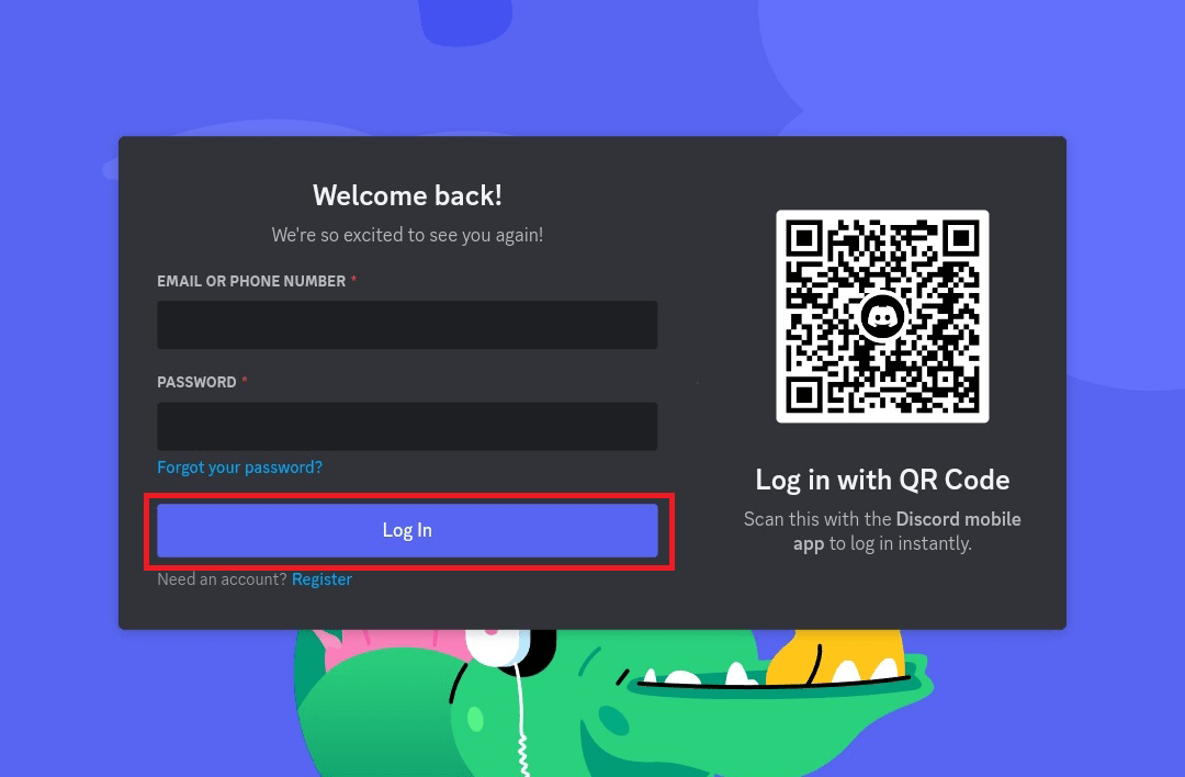 "Log In" highlighted on Discord's desktop site.