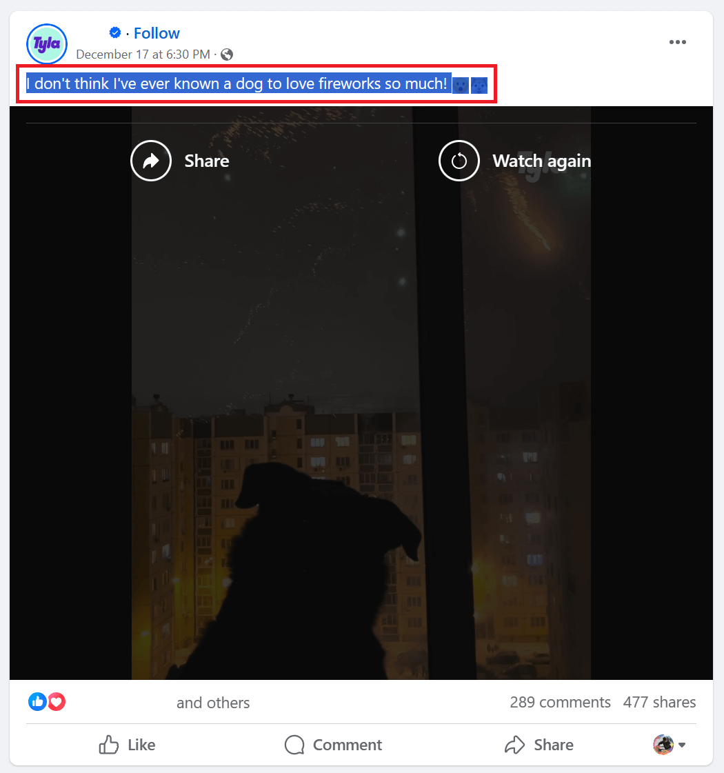 A post text highlighted on Facebook's desktop version.