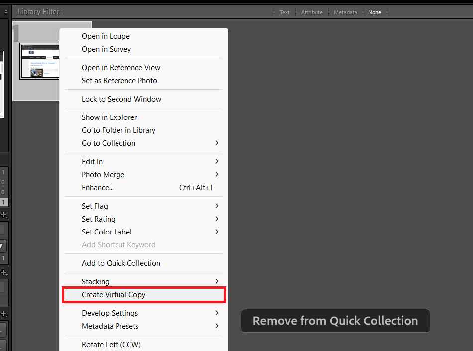 "Create Virtual Copy" highlighted in a context menu in Lightroom.