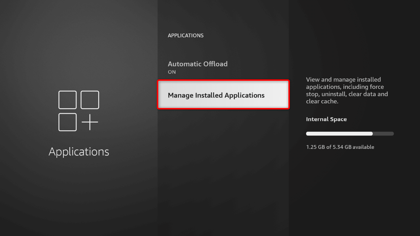 "Manage Installed Applications" highlighted in Fire TV Stick Settings.