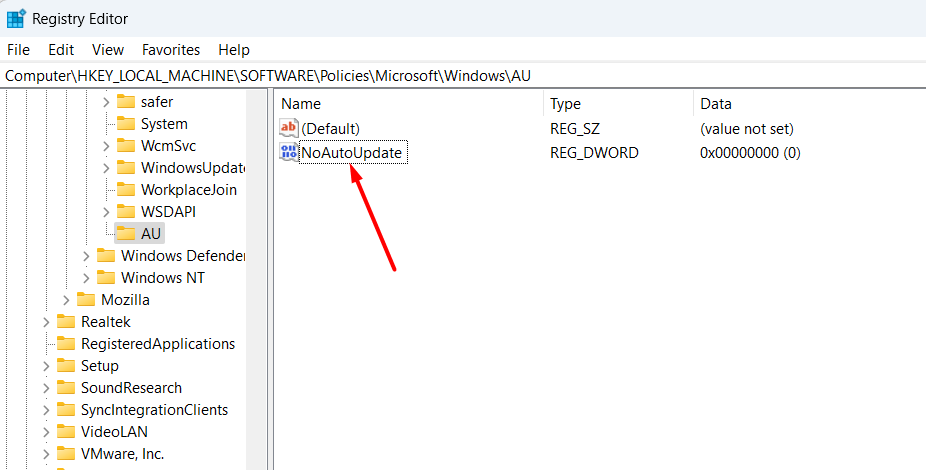 "NoAutoUpdate" highlighted in Registry Editor.