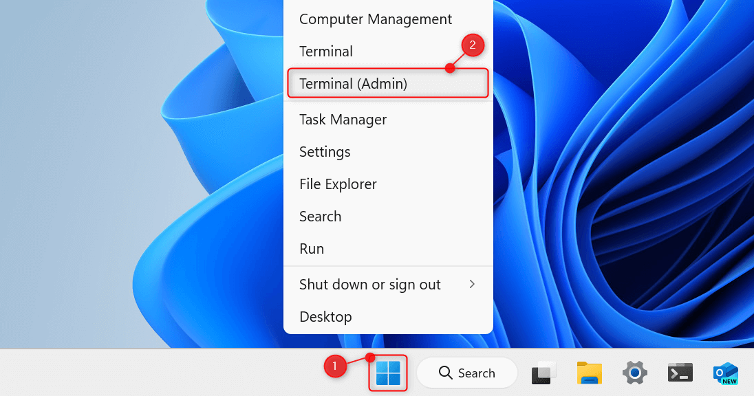 "Start" menu and "Terminal (Admin)" highlighted on Windows 11.