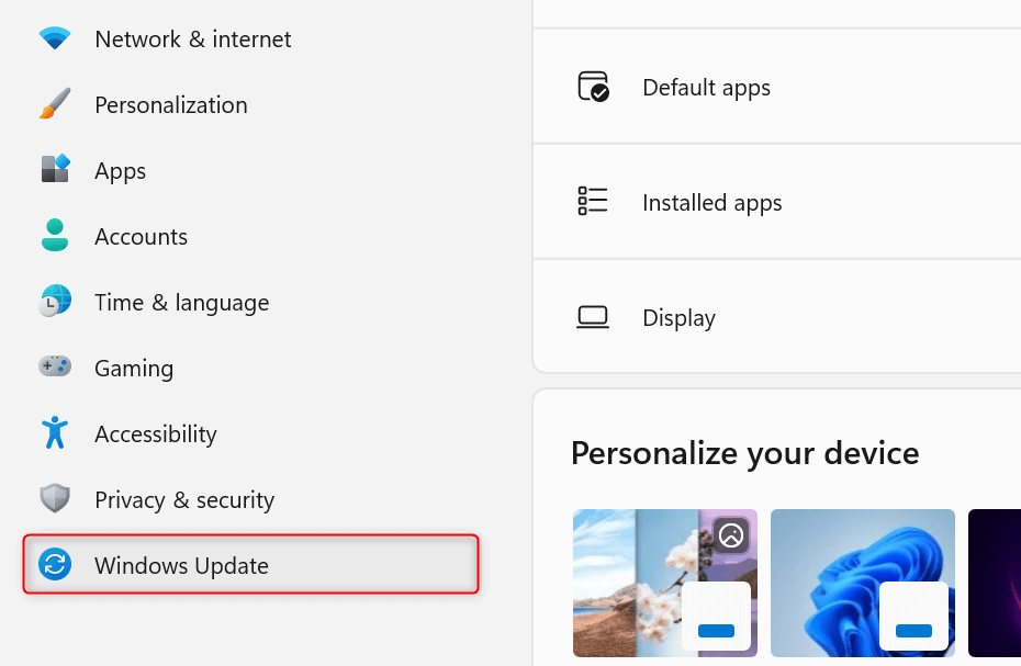 "Windows Update" highlighted in Windows 11 Settings.