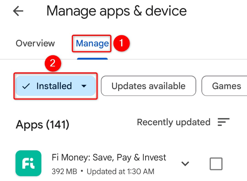 "Manage" and "Installed" highlighted on the "Manage apps & device" screen.