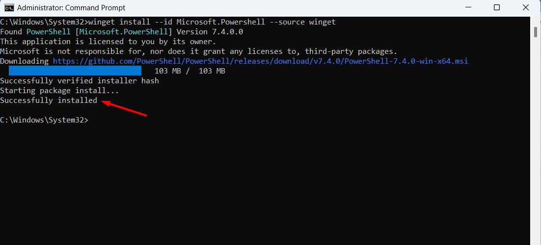 PowerShell successfully updated from Command Prompt.