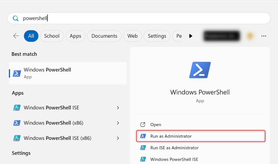 "Run as Administrator" highlighted for PowerShell in Start menu.