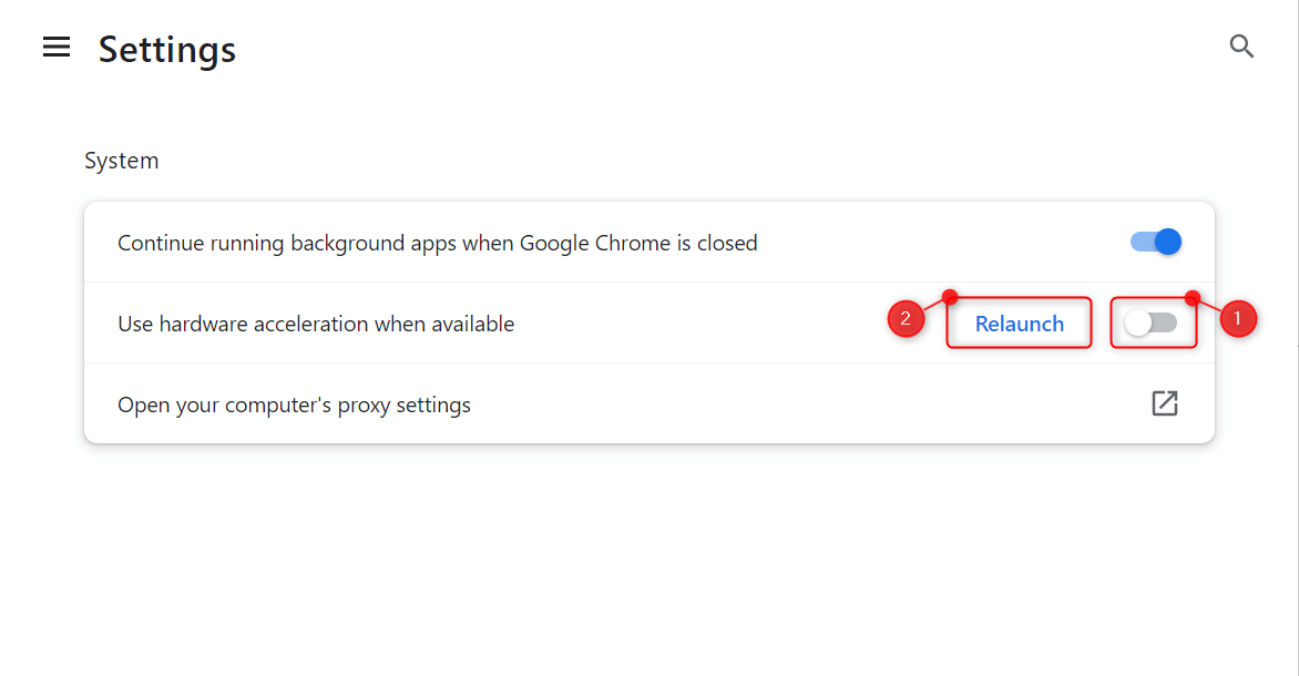 "Use hardware acceleration when available" highlighted in Chrome.