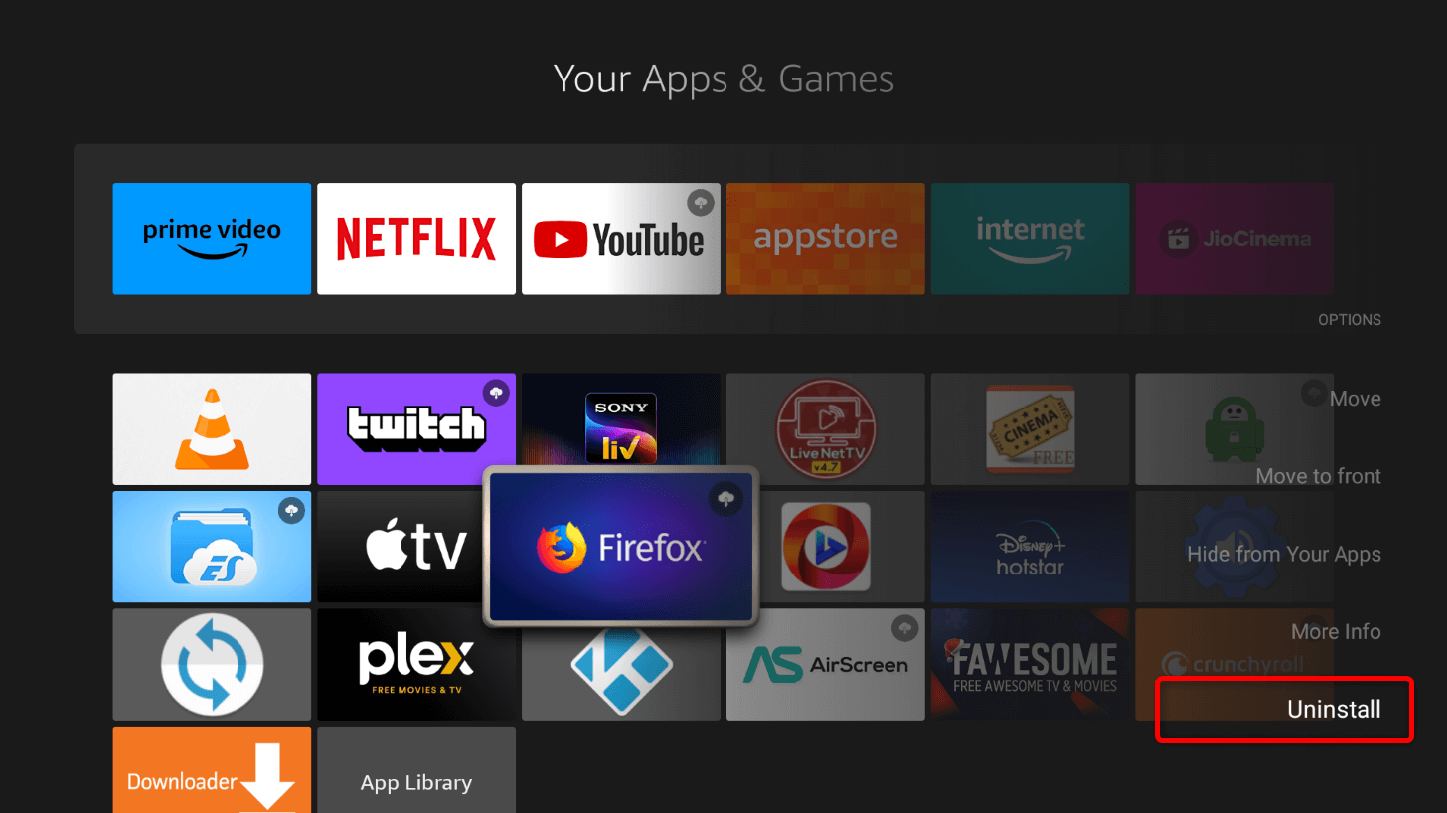 "Uninstall" highlighted for Firefox in apps library on Fire TV Stick.