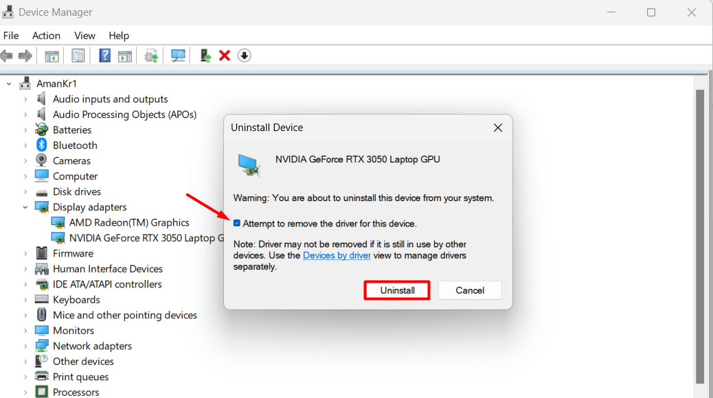 Driver removal and "Uninstall" highlighted on the "Uninstall Device" window.
