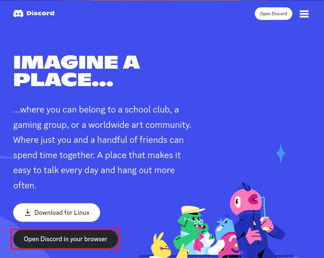 "Open Discord in your browser" highlighted on Discord's desktop site.