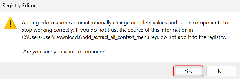 "Yes" highlighted in Registry Editor prompt.