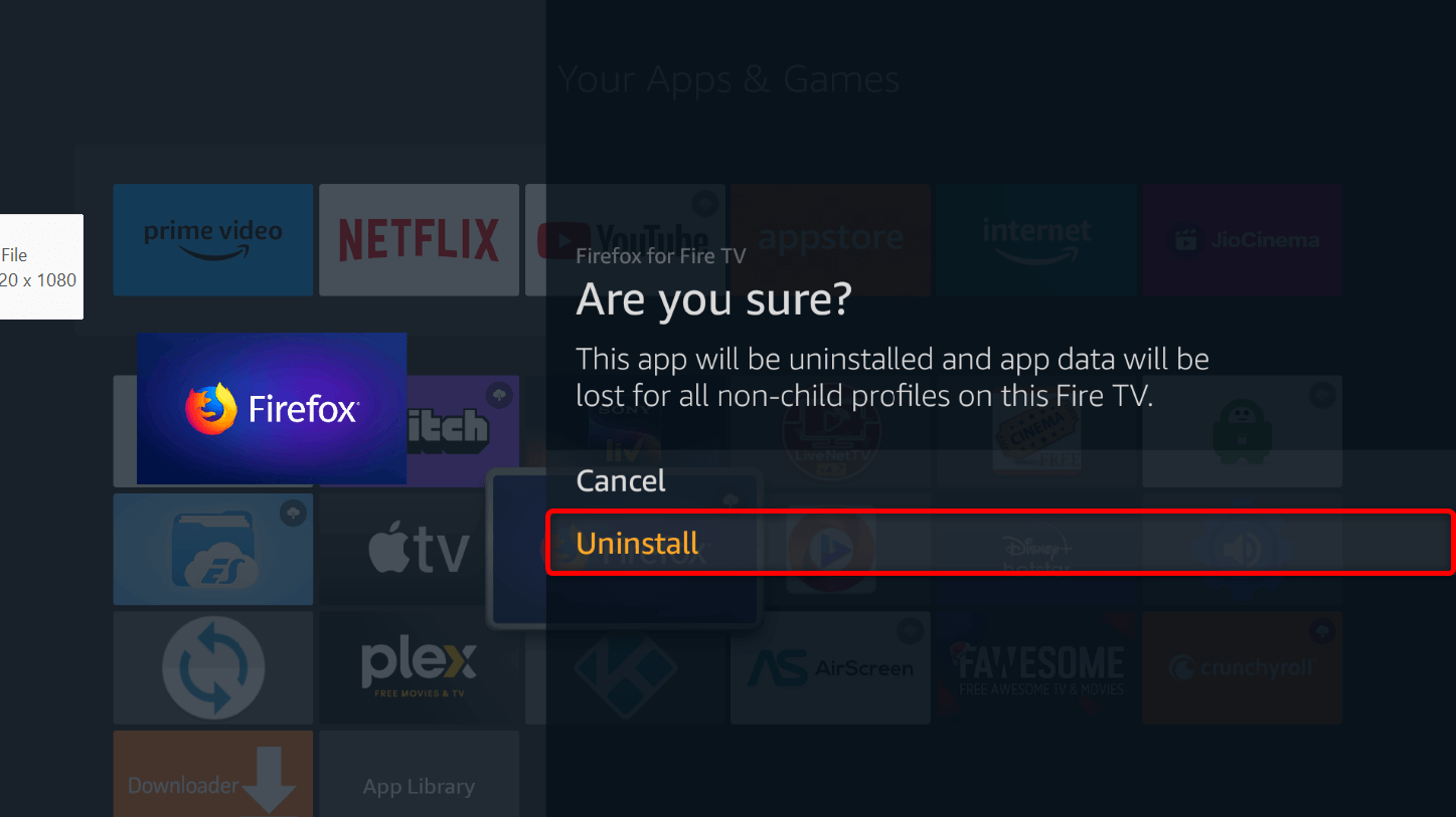 "Uninstall" highlighted in a prompt on Fire TV Stick.