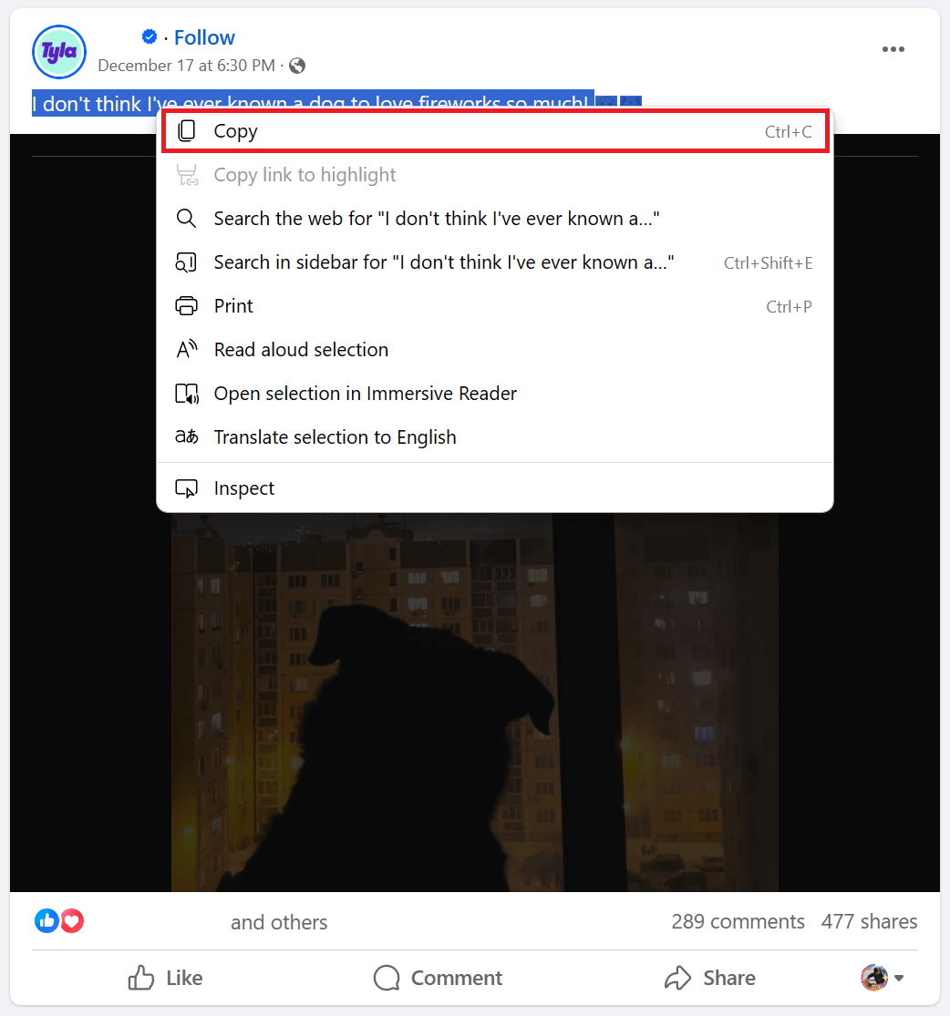 "Copy" highlighted in the right-click menu of a post on Facebook.